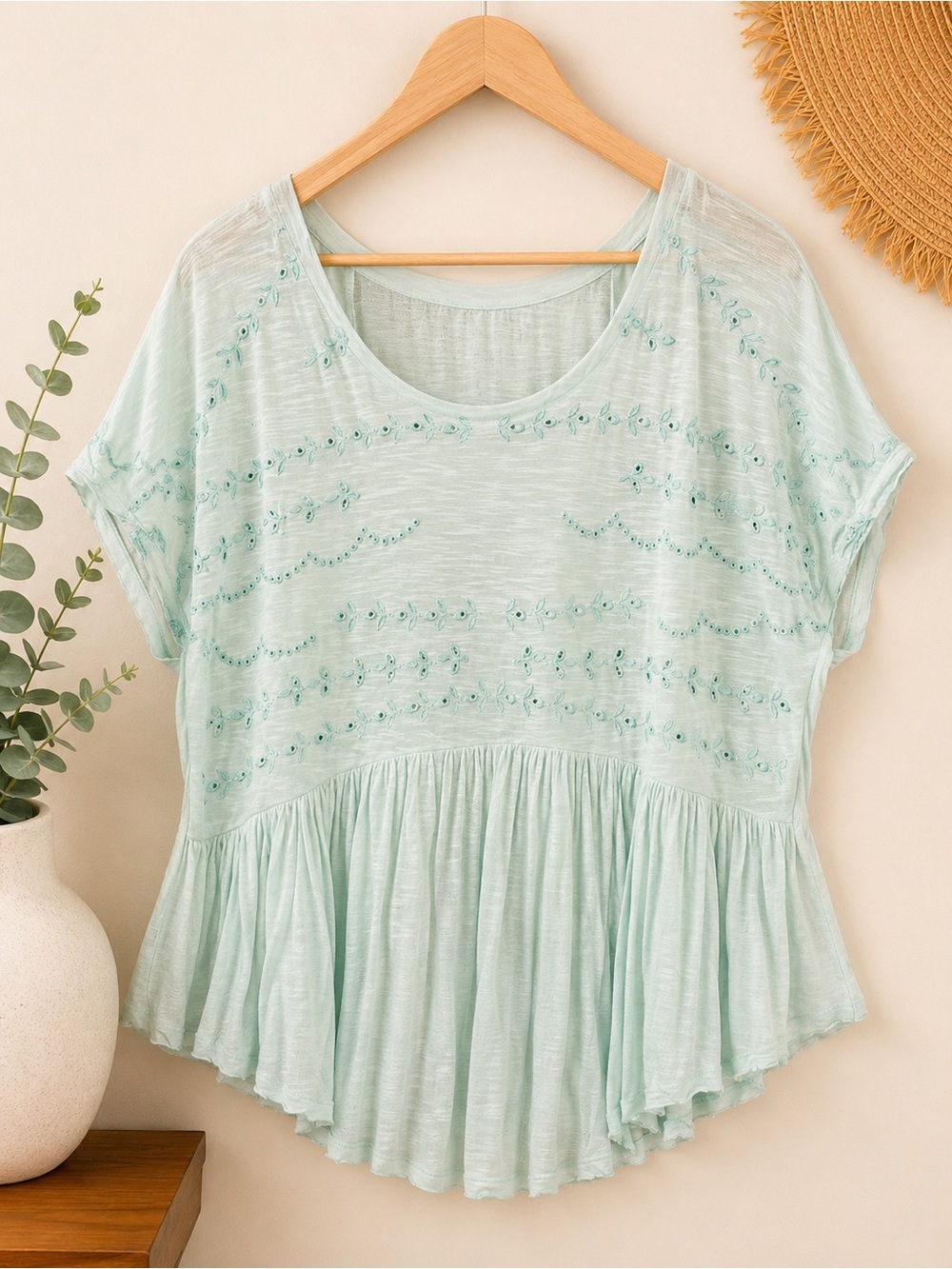Free People Mint Embroidered Peplum Tunic